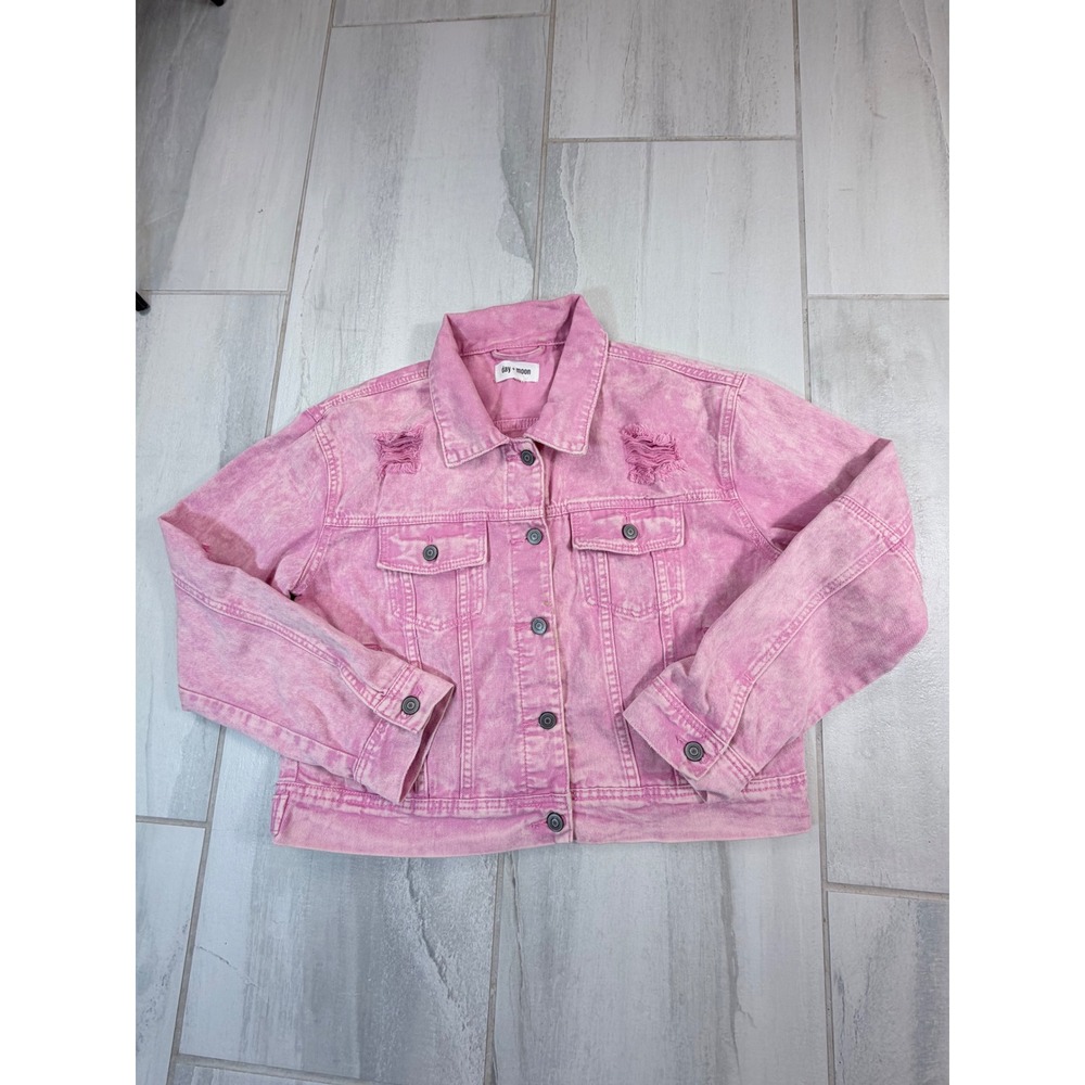 Day + Moon Pink Acid Wash Distressed Denim Jacket DM1004 Large